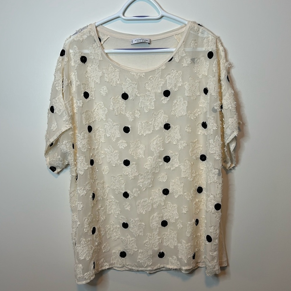 [#03] Size 3X Polka Dot Blouse with Thread Design | Short Sleeve, Plus-Size